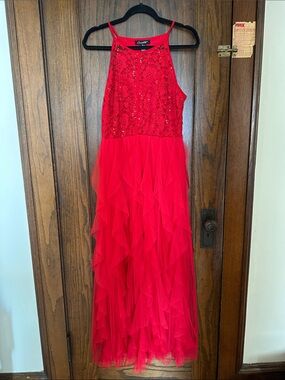 Candalite Red Lace Halter Tulle Ruffle Formal Dress